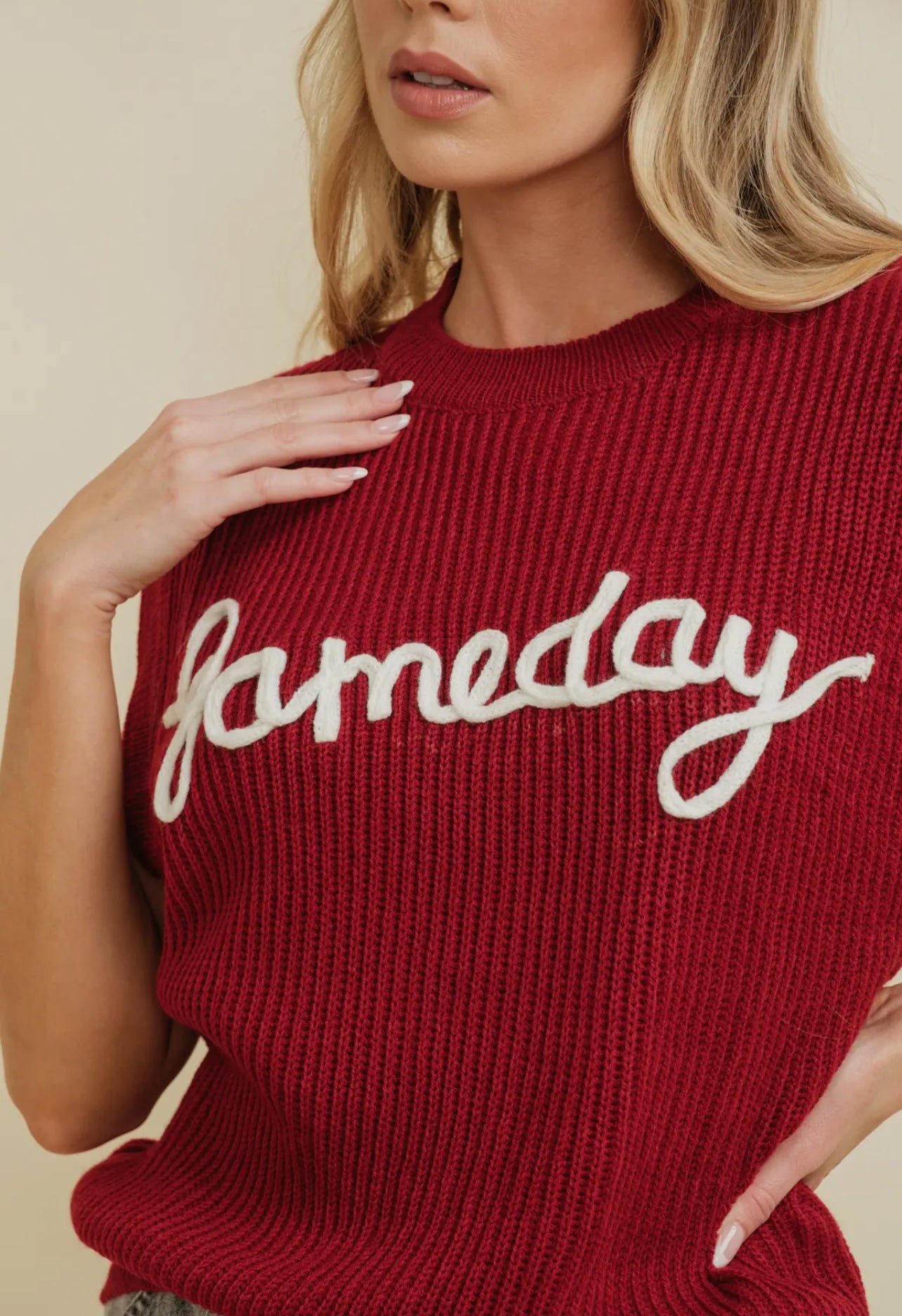 Game day Crimson Embroidered Sleeveless Sweater