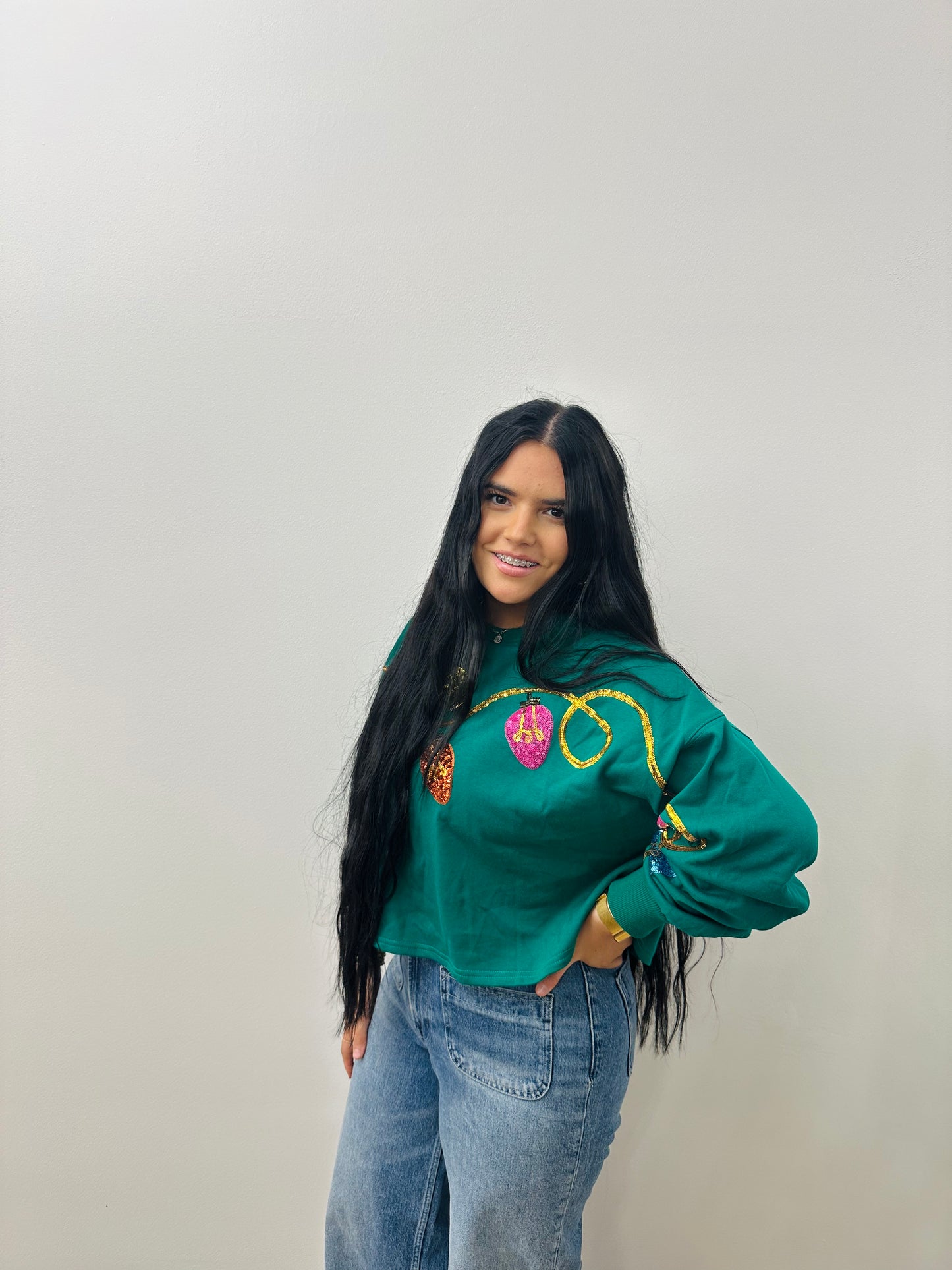 Green Christmas Lights embroidery crop sweatshirt