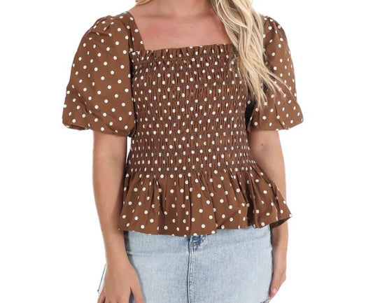PUFF HALF SLEEVE POLKA DOT WOVEN SMOCKED PEPLUM TOP