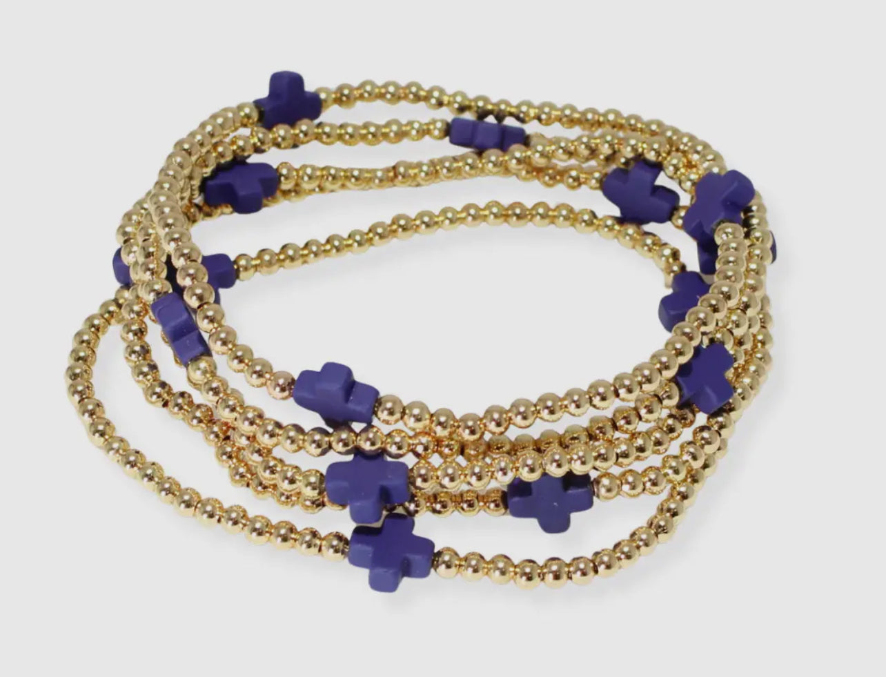 Multi Layered Gold Bead Stretch Bracelet W/ Cross Accent - Navy