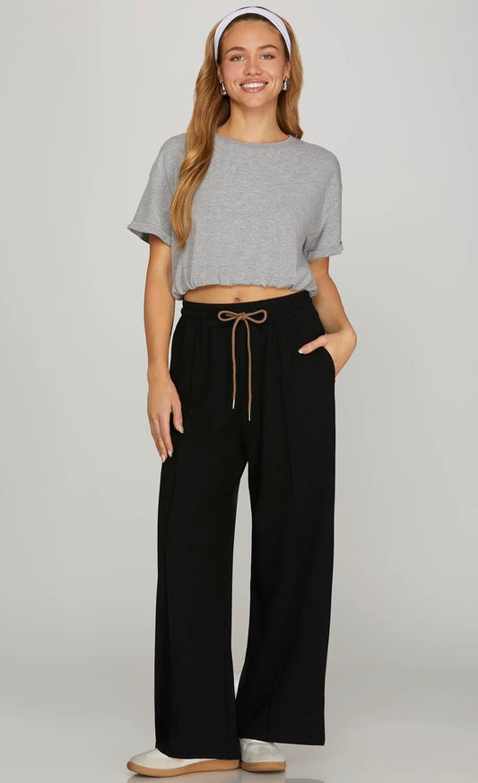 DRAWSTRING WIDE LEG KNIT PANTS WITH ELASTIC WAIST BAND AND POCKETS- SET SOLD SEPARATELY