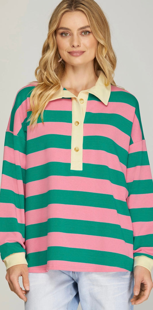 LONG SLEEVE OVER SIZED FRENCH TERRY STRIPED COLLARED TOP