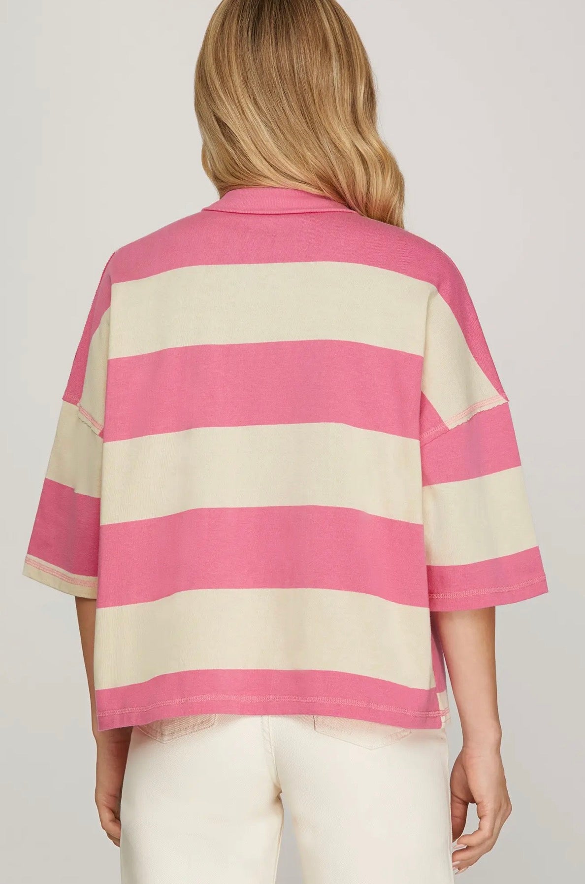 3/4 SLEEVE HALF ZIP RUGBY STRIPE KNIT BOXY TOP WITH POCKETS