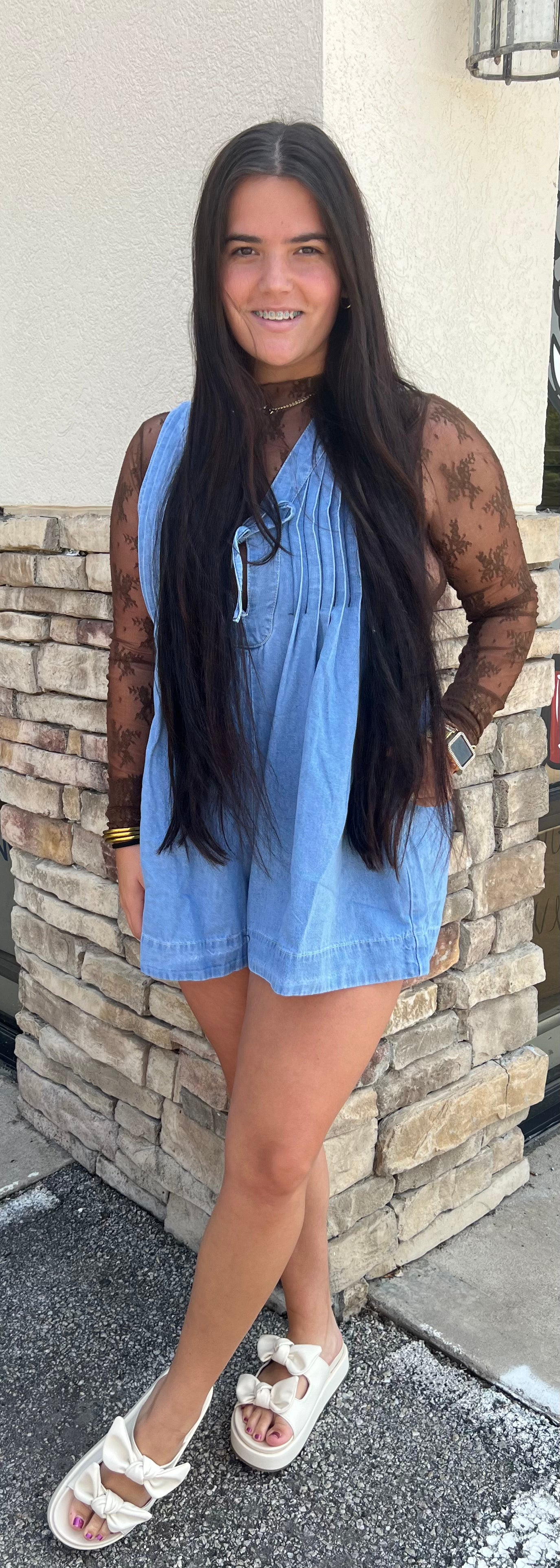 Veveret V-neck Front Tie Denim Romper