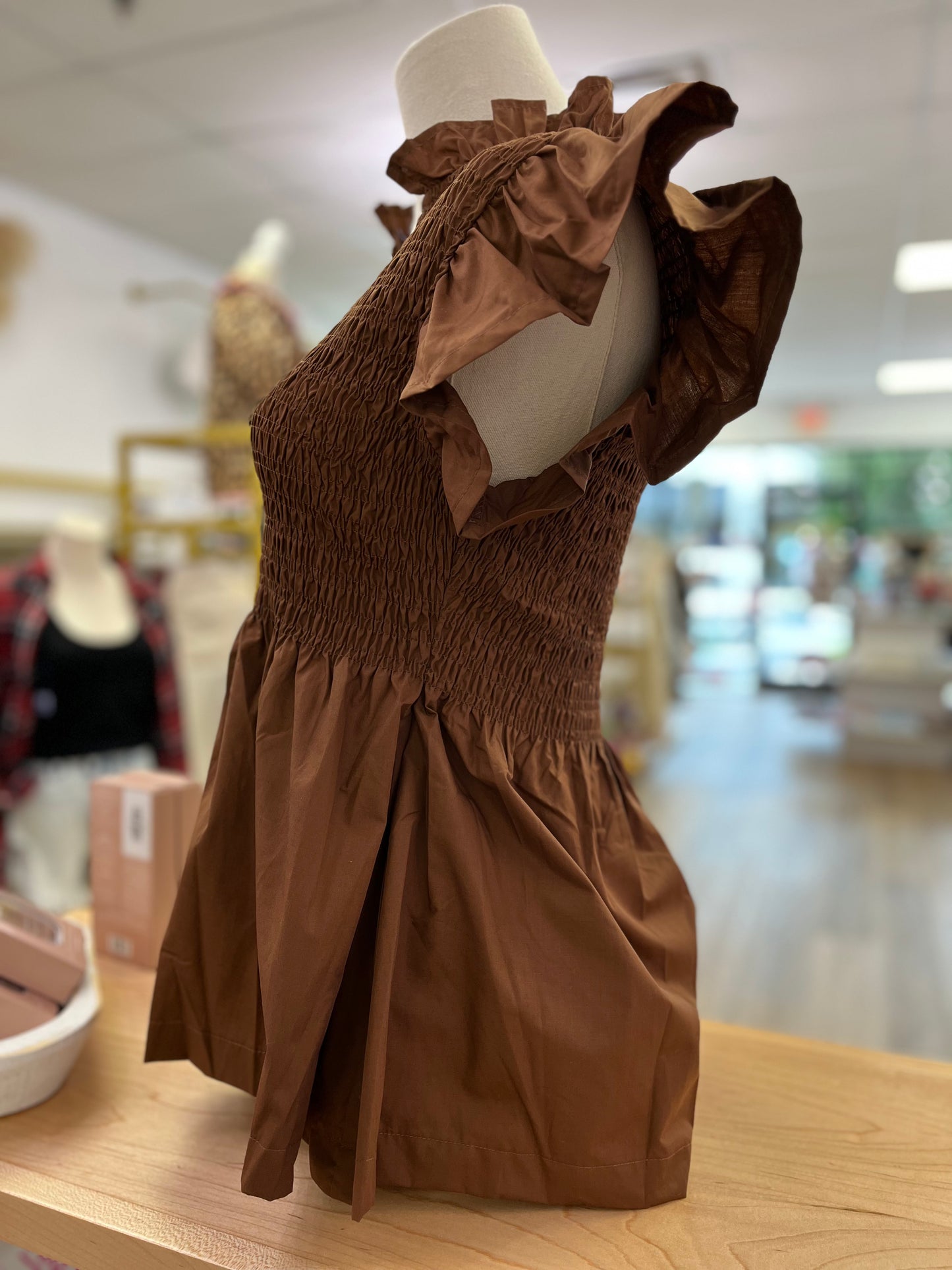 Entro Women’s Cocoa Brown Ruched V-Neck Top with Flare Sleeves