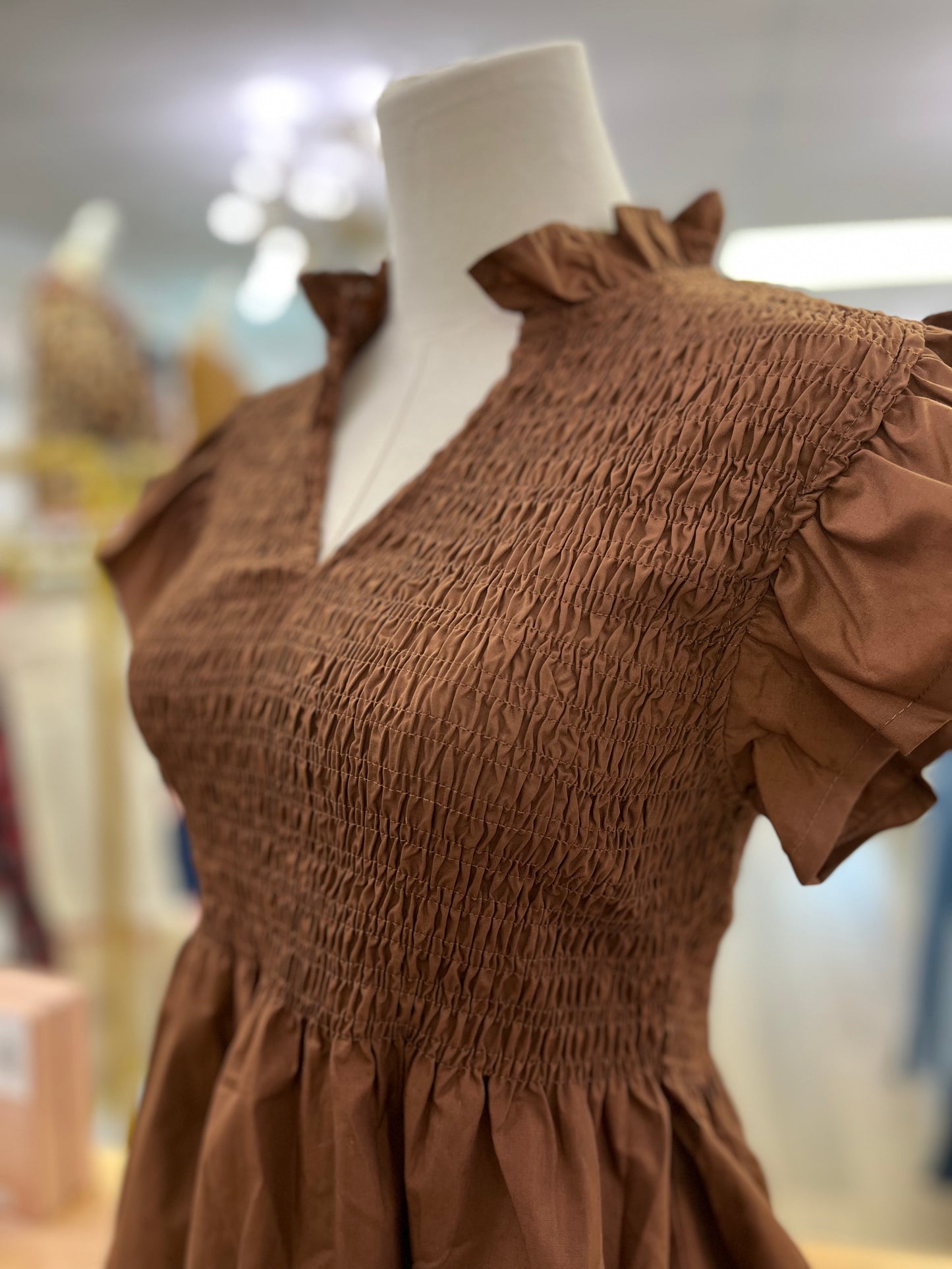Entro Women’s Cocoa Brown Ruched V-Neck Top with Flare Sleeves