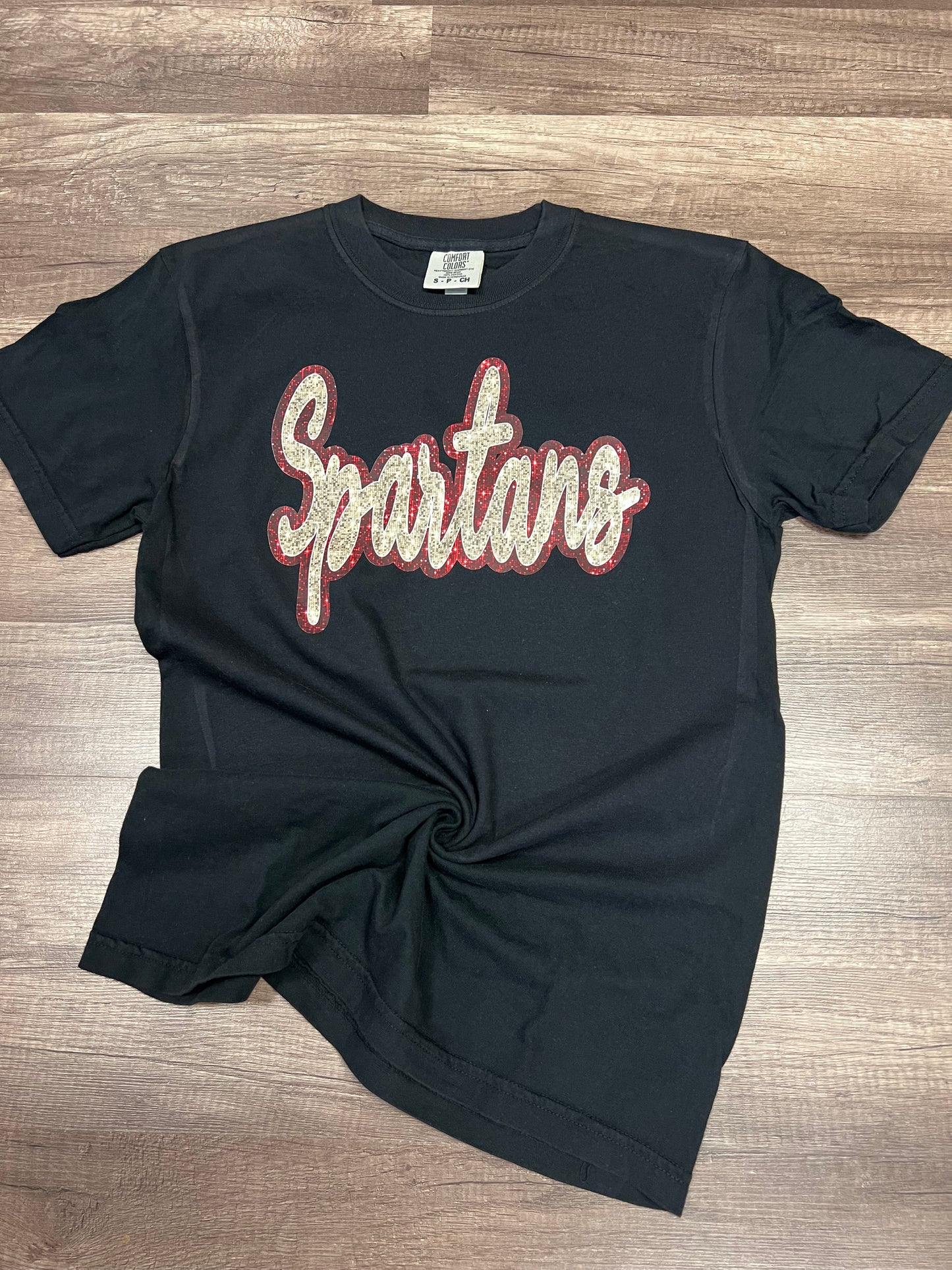 Spartans faux glitter on black CC tee