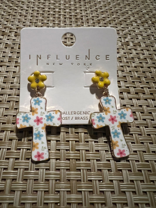 Yellow Flower Cross Earrings