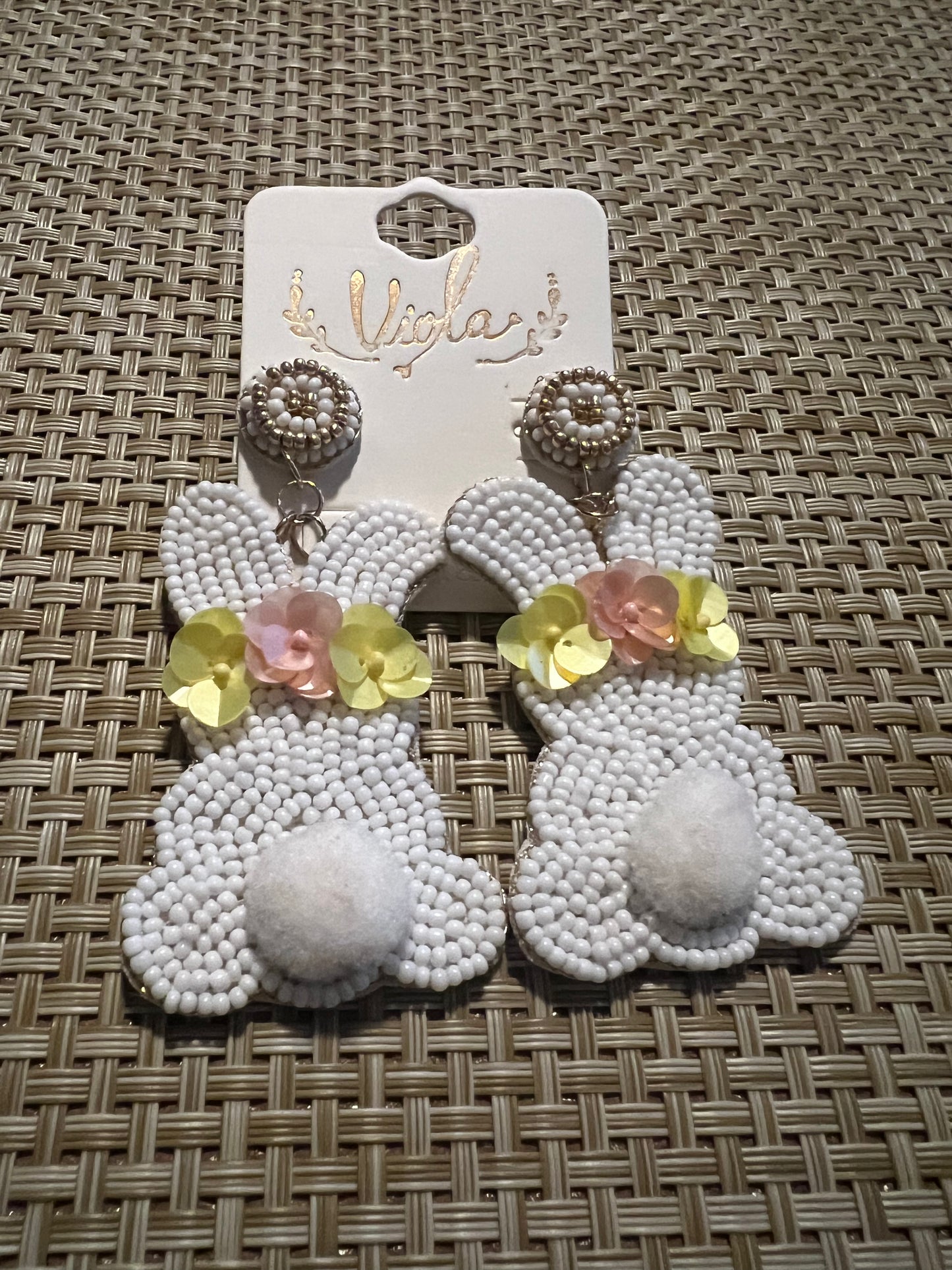 White Beaded Flower Bunny Earrings
