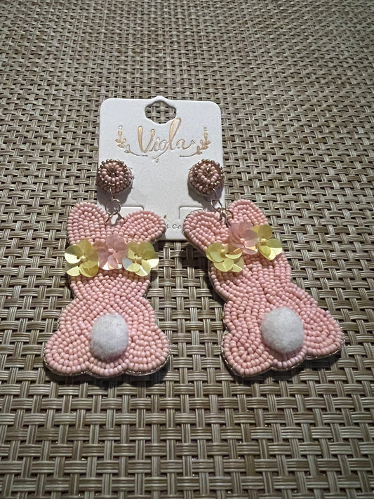 Pink Beaded Flower Bunny Earrings
