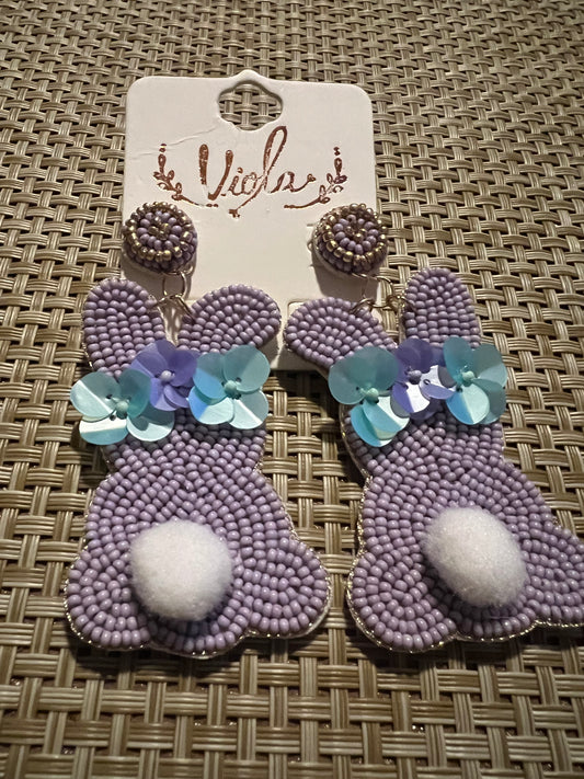 Purple Beaded Flower Bunny Earrings