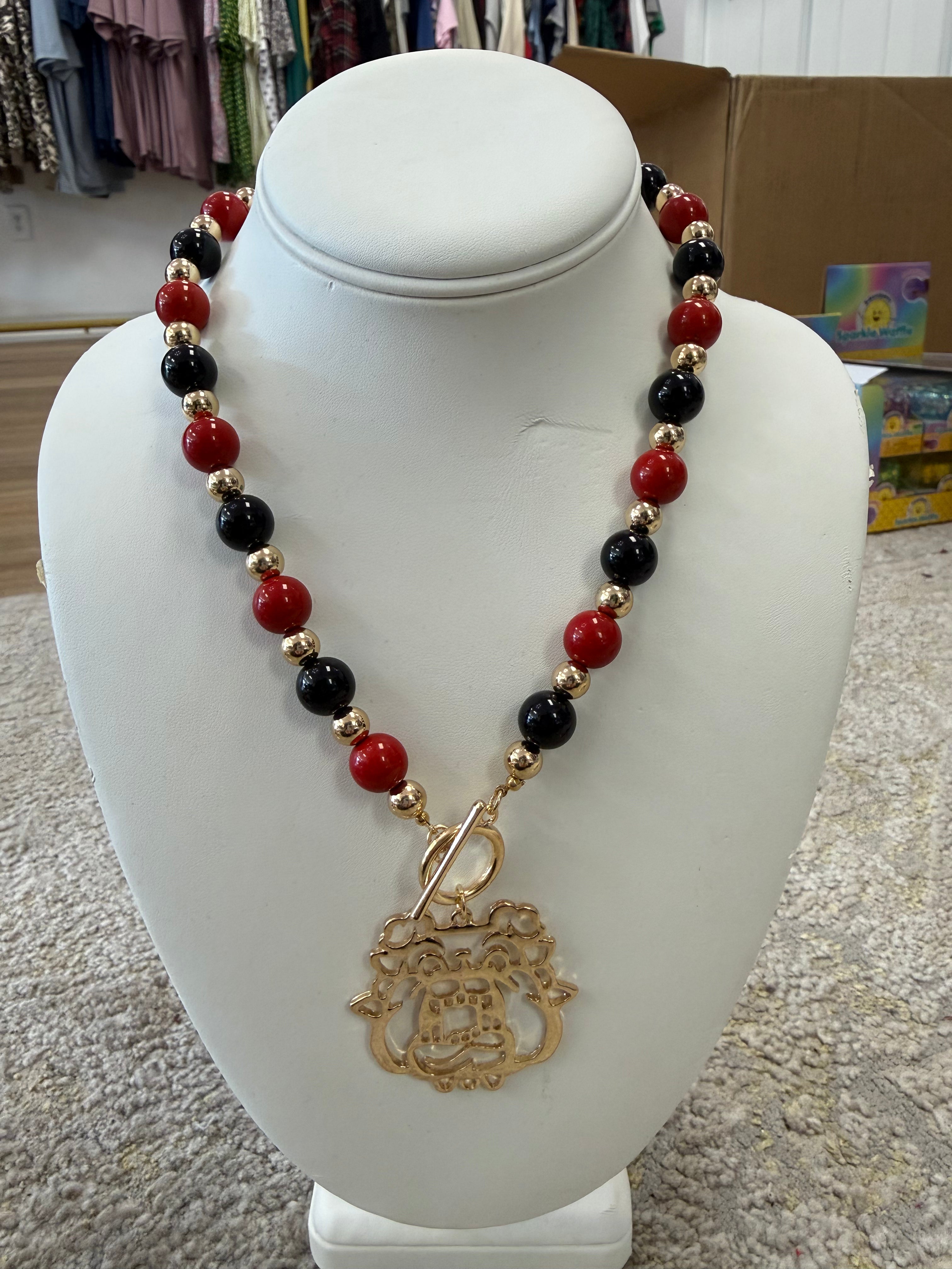 Bulldogs red black & gold beaded necklace