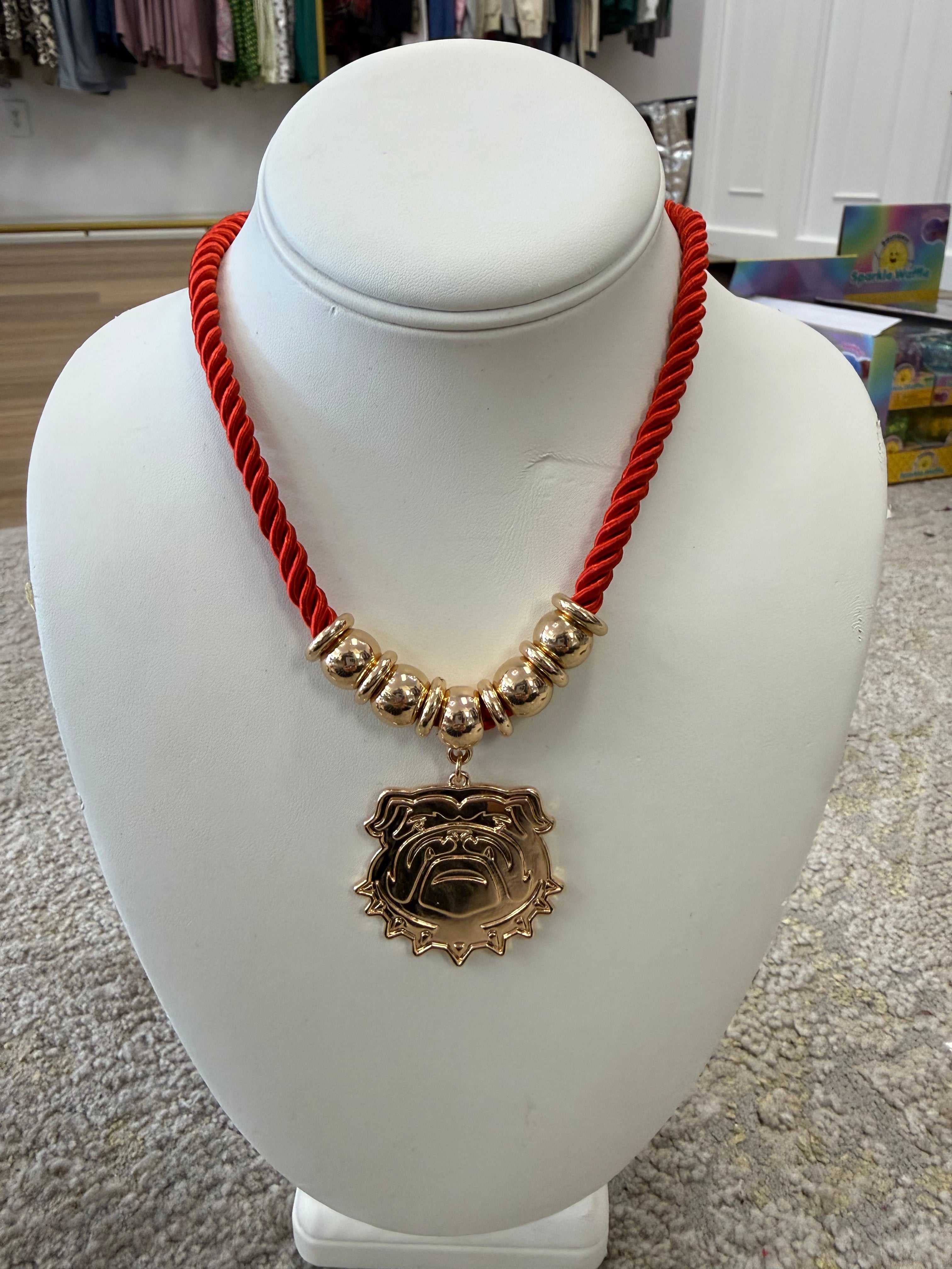 Bulldogs red rope & gold beaded necklace