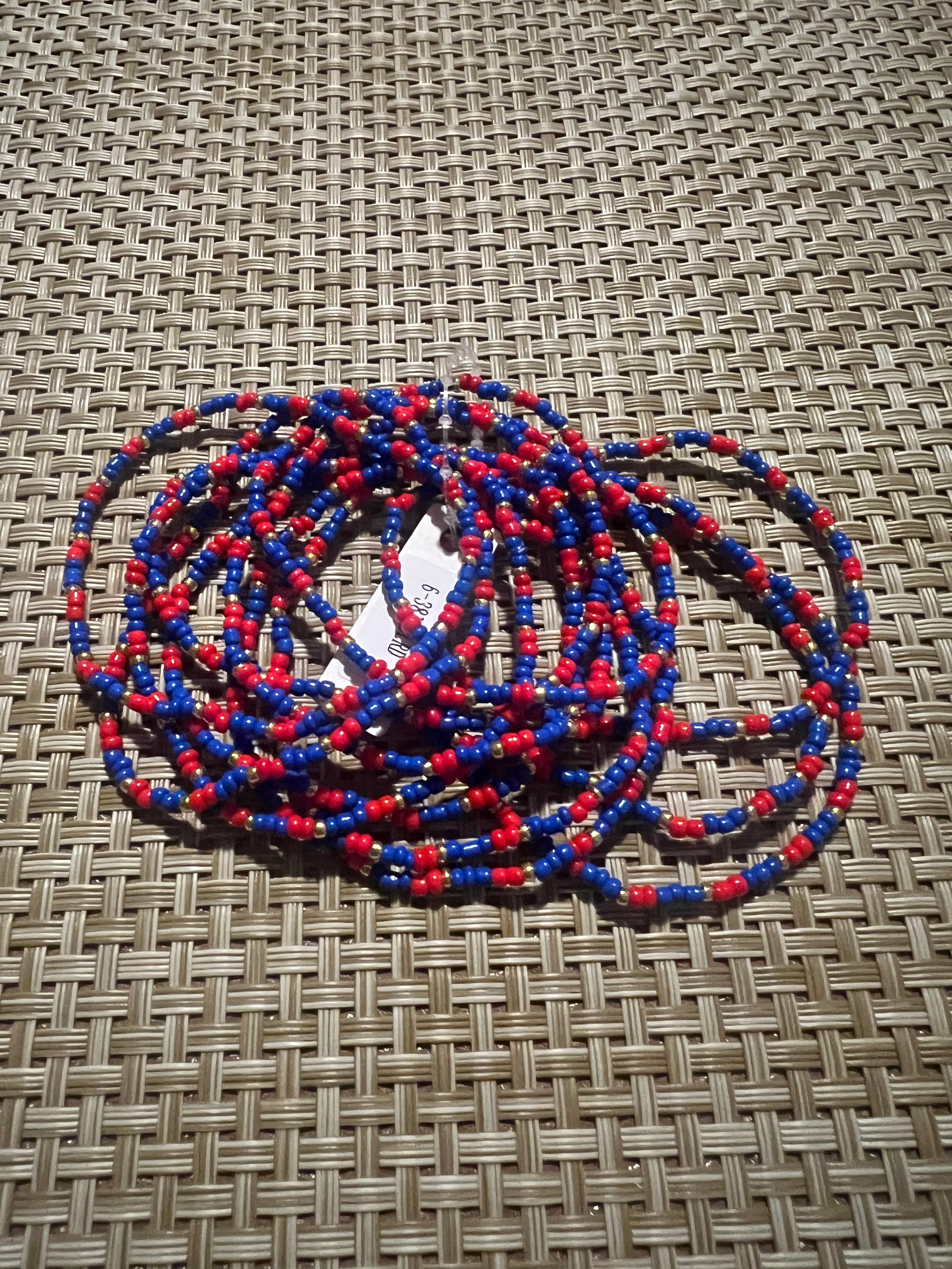 12 Piece Red/Blue/Gold Beaded Bracelets