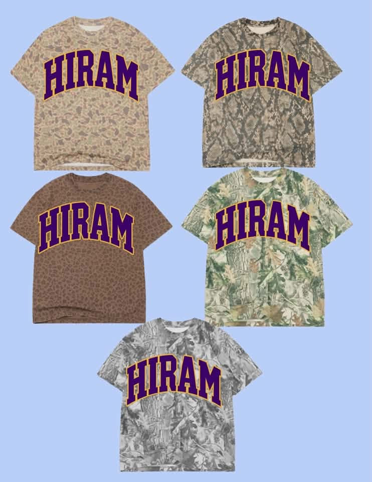 HIRAM varsity arch tee- gold outline, purple fill