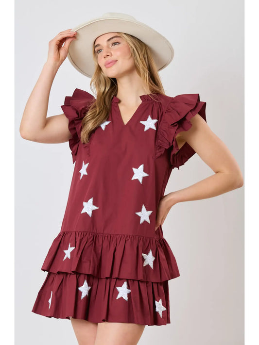 Poplin Ruffle Sleeve Mini Dress With Tiered Bottom & Star Sequins