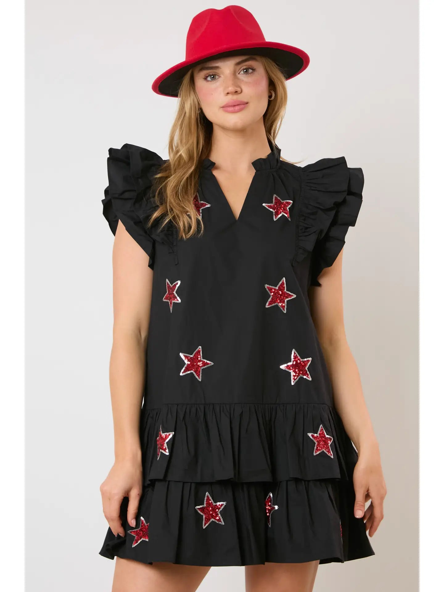 Poplin Ruffle Sleeve Mini Dress With Tiered Bottom & Star Sequins