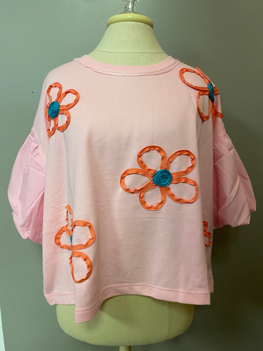 Flower Embroidery Detail Solid Knit Top With Woven Puff Sleeves