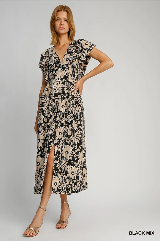 Black Mix Floral V-Neck Midi dress