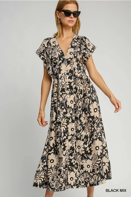 Black Mix Floral V-Neck Midi dress