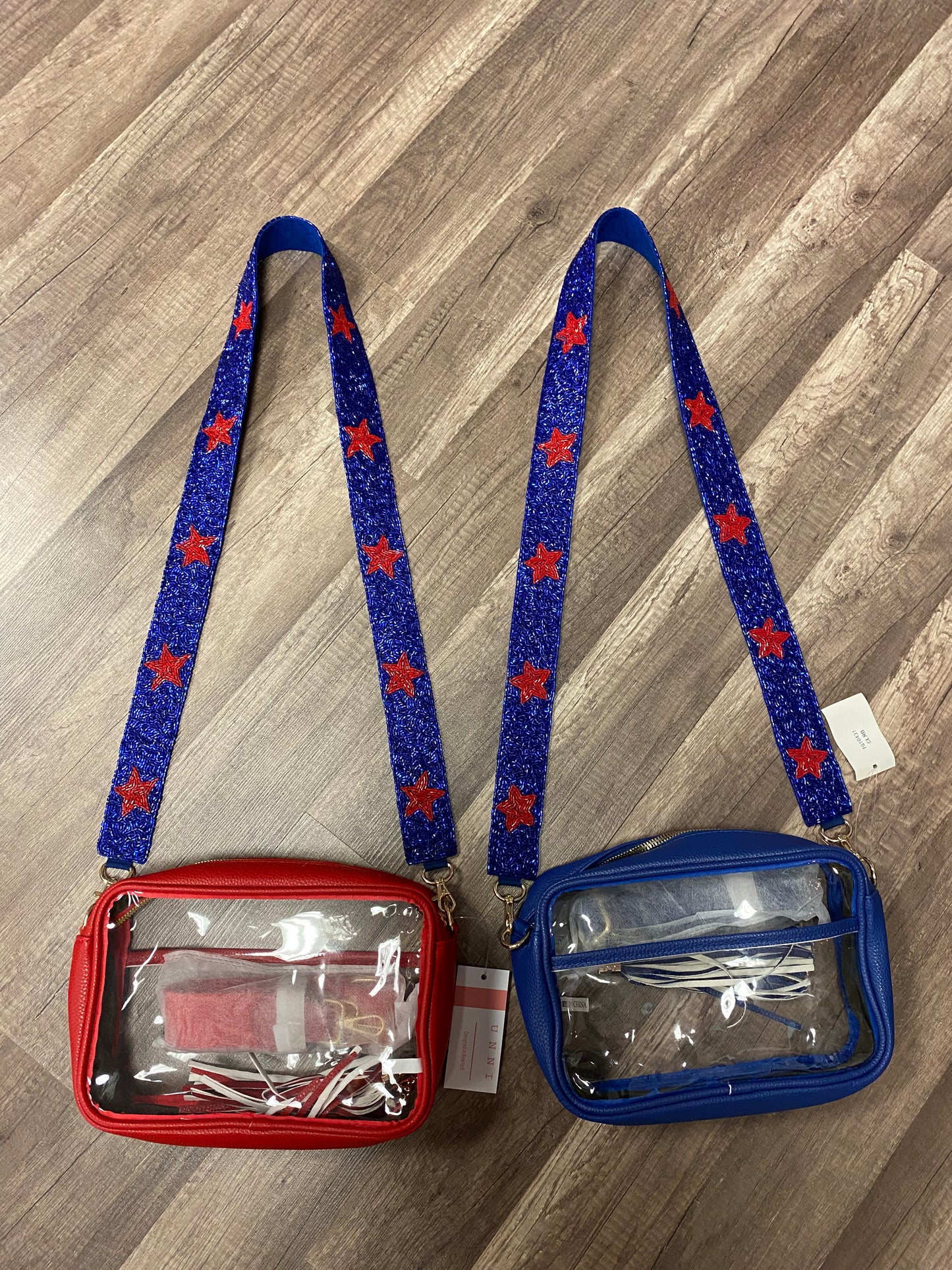 Red/Blue Star Beaded Strap Clear Bag