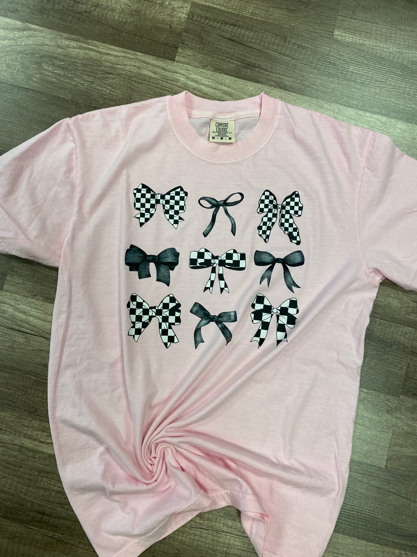 Checkered Bow Collage on Pink Tee