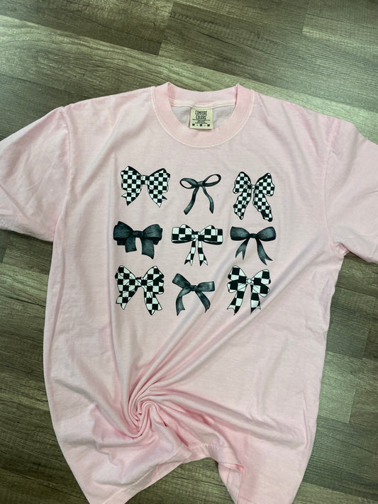 Checkered Bow Collage on Pink Tee