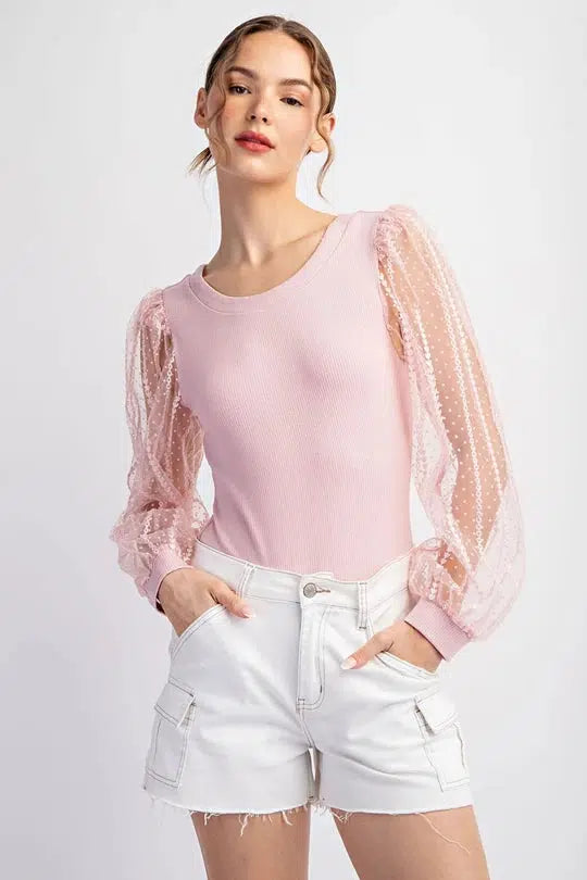 PRINTED SHEER LONG SLEEVE BODYSUIT - French Rose