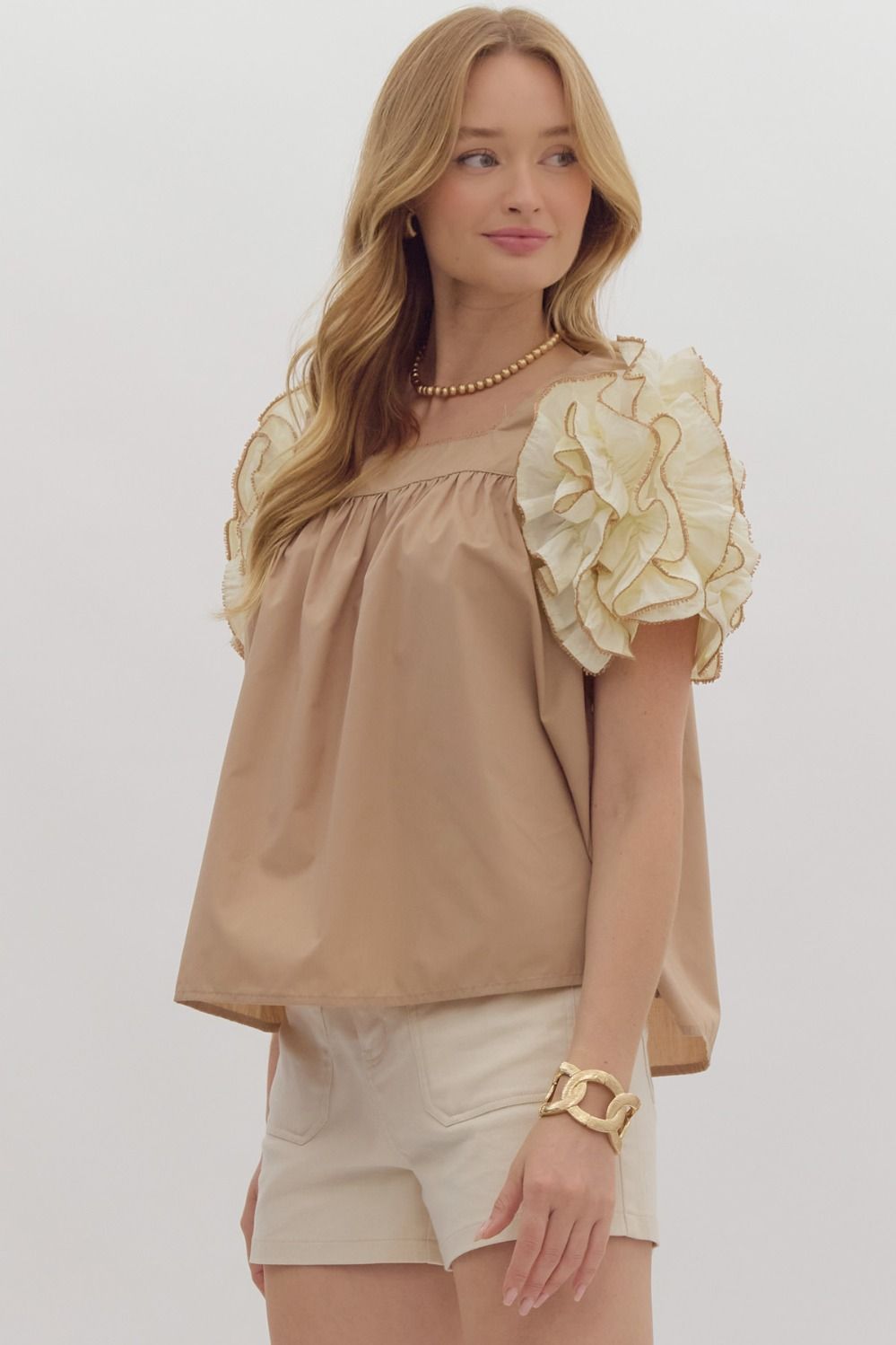 Solid Square Neck Short Sleeve Top Featuring Ruffle Detail at Sleeves