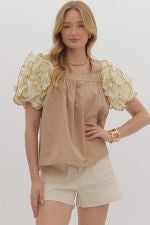 Solid Square Neck Short Sleeve Top Featuring Ruffle Detail at Sleeves