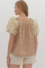 Solid Square Neck Short Sleeve Top Featuring Ruffle Detail at Sleeves