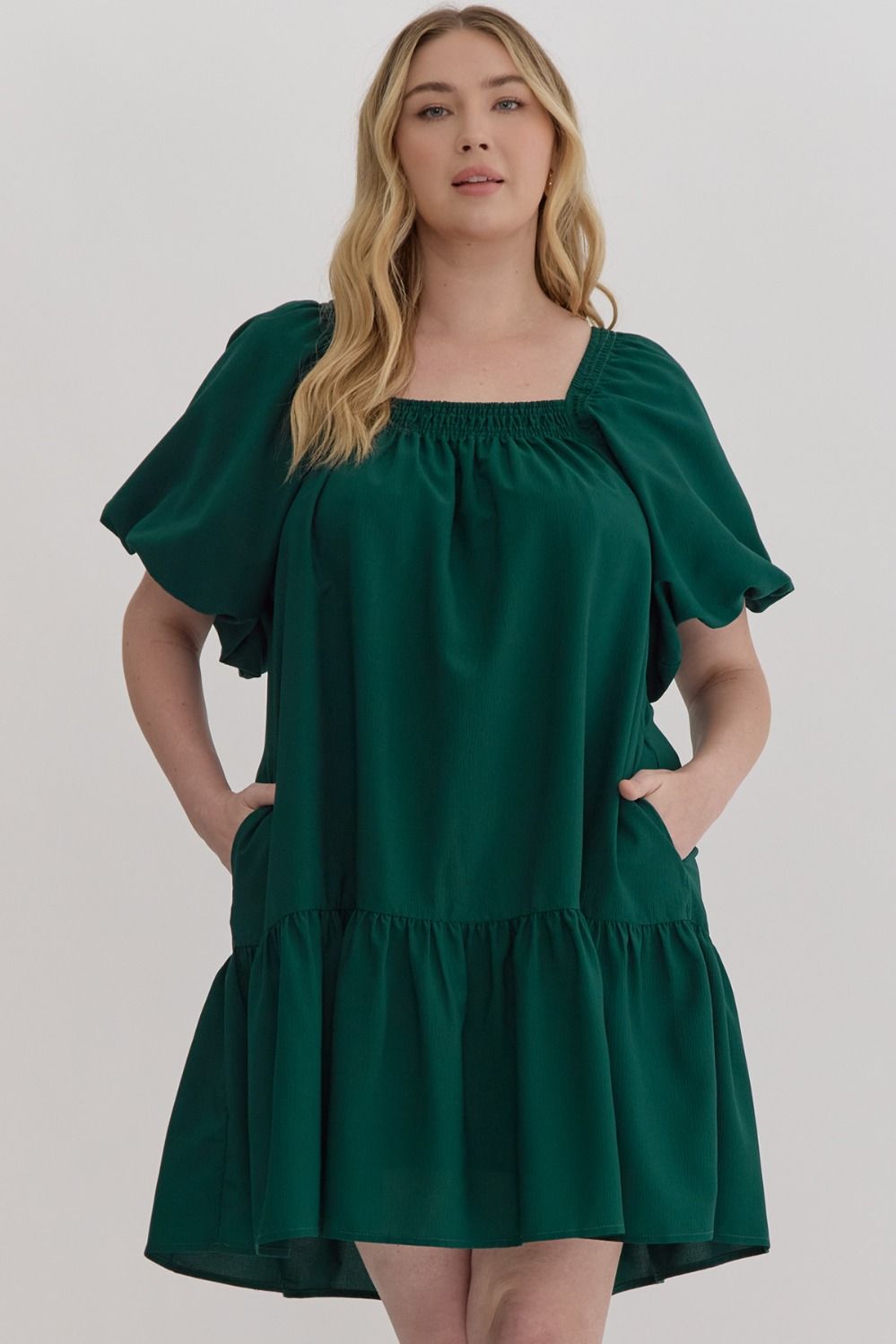 Textured Short Sleeve Square Neck Dress Featuring Smocking Along Neckline