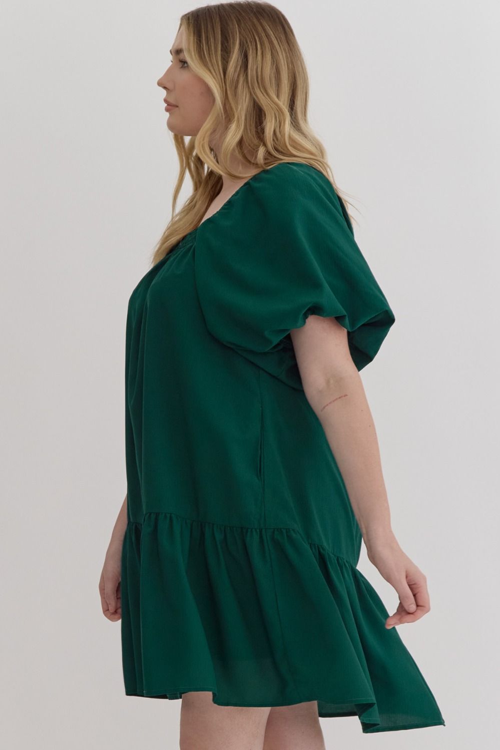 Textured Short Sleeve Square Neck Dress Featuring Smocking Along Neckline