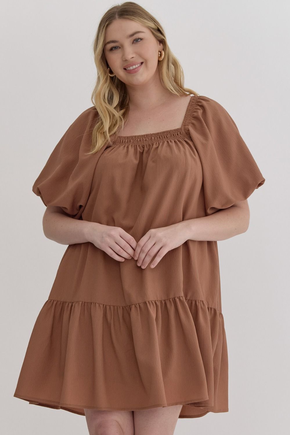 Textured Short Sleeve Square Neck Dress Featuring Smocking Along Neckline