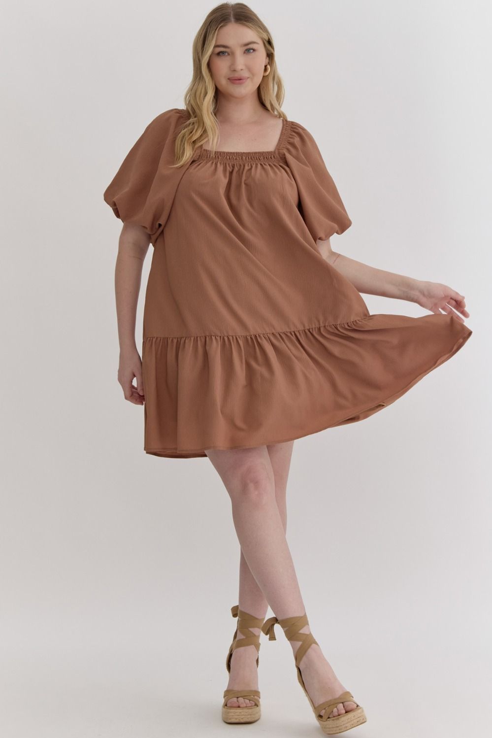 Textured Short Sleeve Square Neck Dress Featuring Smocking Along Neckline