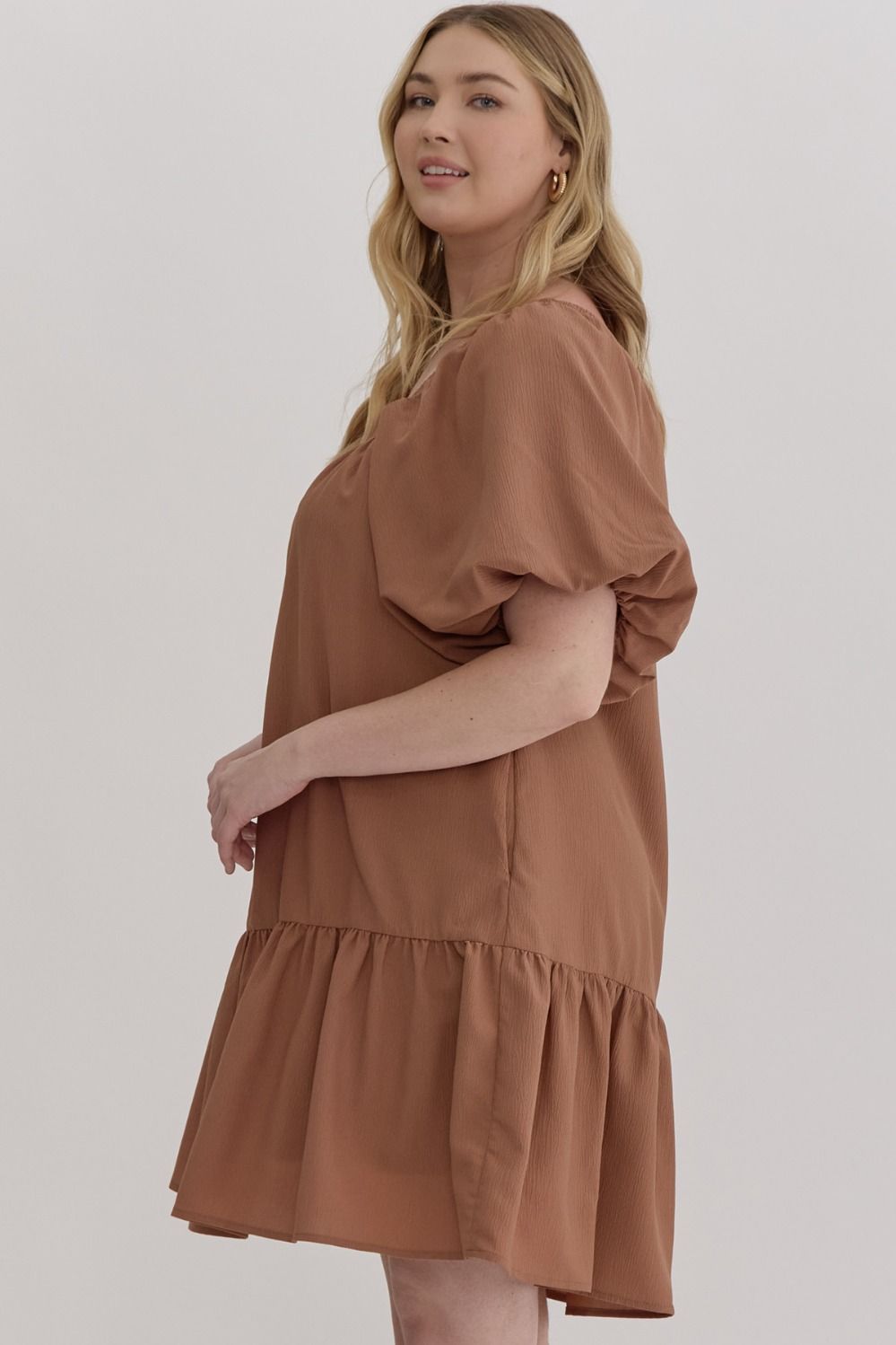 Textured Short Sleeve Square Neck Dress Featuring Smocking Along Neckline