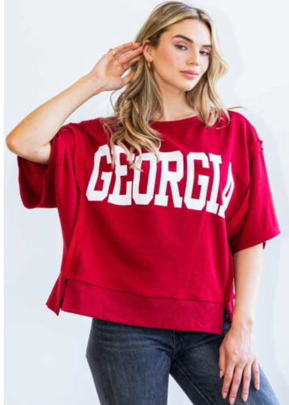 Red Georgia Boat Neckline Knit Terry Oversized Short Sleeve Pullover