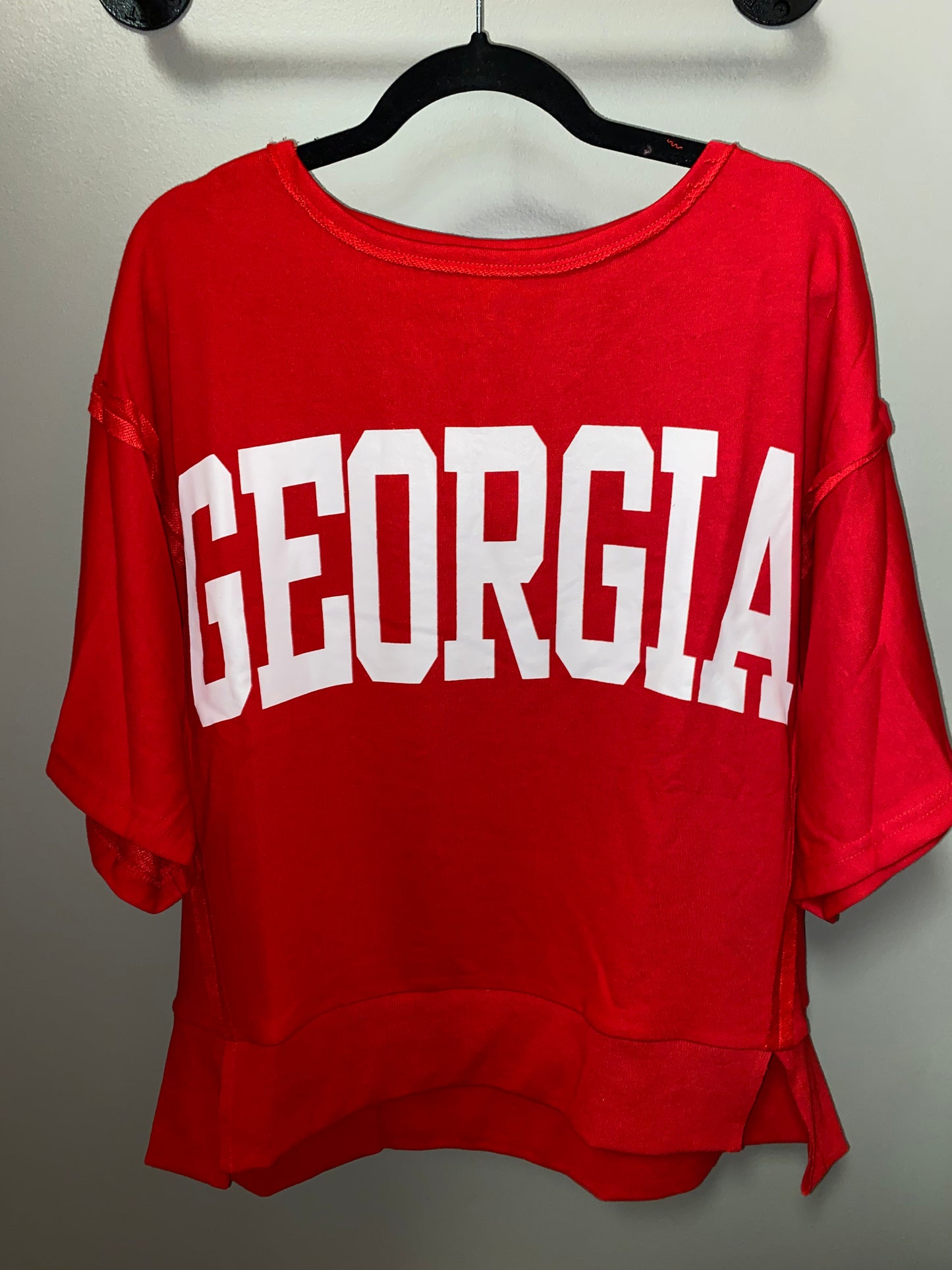 Red Georgia Boat Neckline Knit Terry Oversized Short Sleeve Pullover