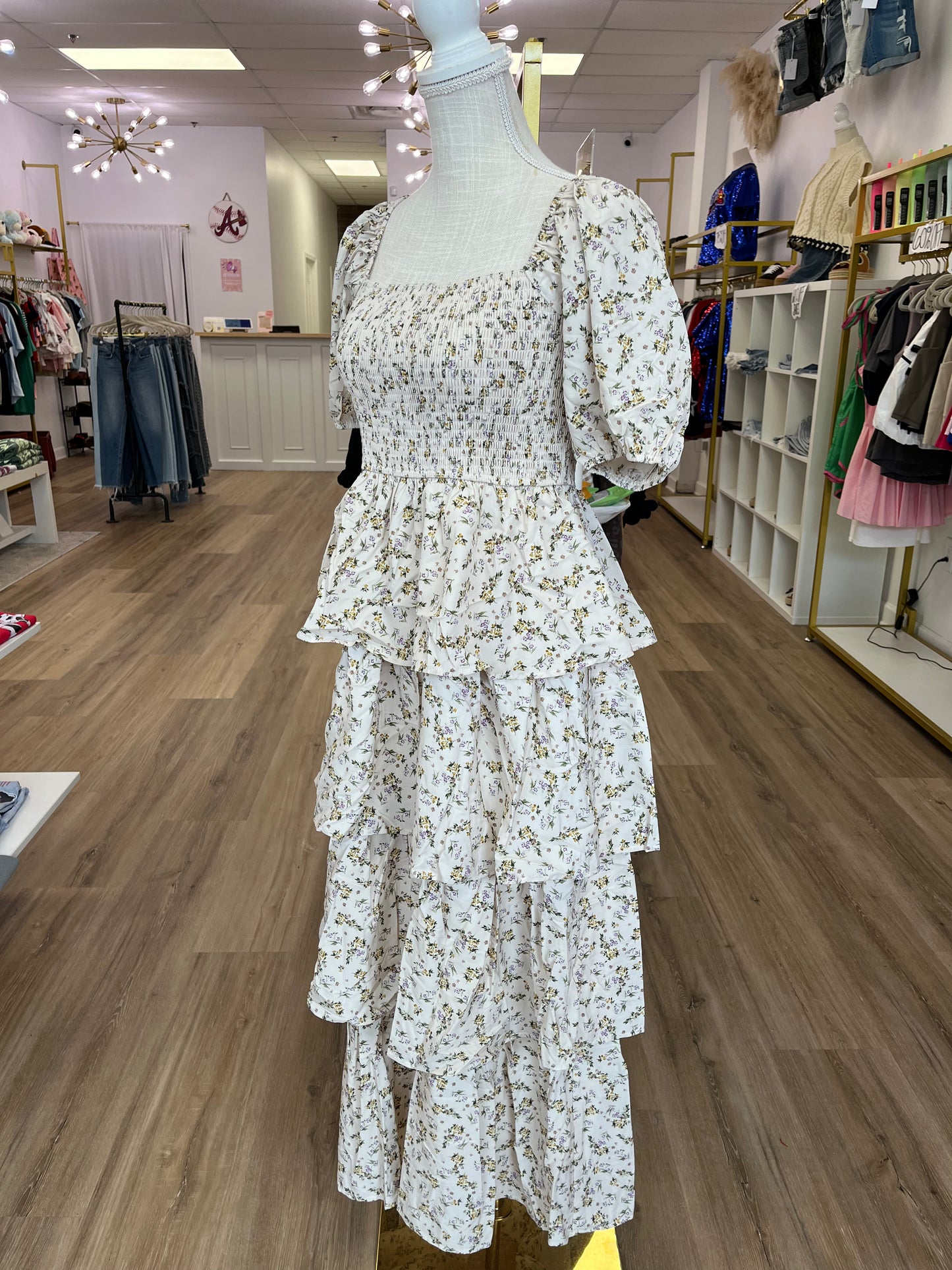 Autumn Floral Ruched Maxi Dress with Tiered Ruffles and Puff Sleeves