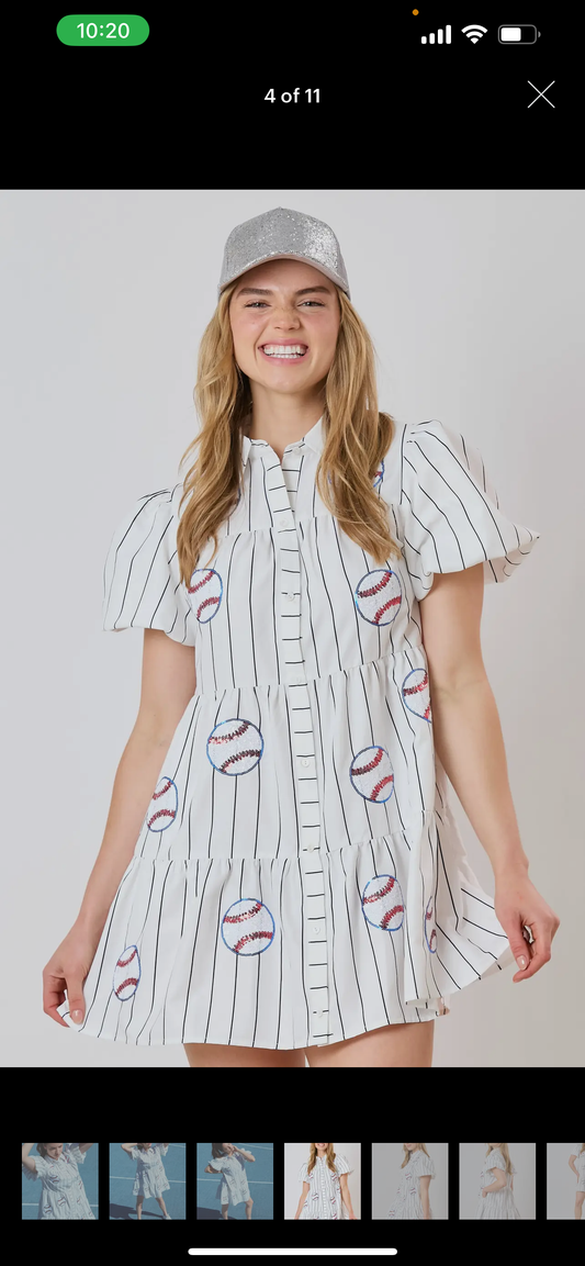 STRIPE PRINTED POPLIN SHIRT DRESS W/ PUFF SLV, BASEBALL SEQUIN: