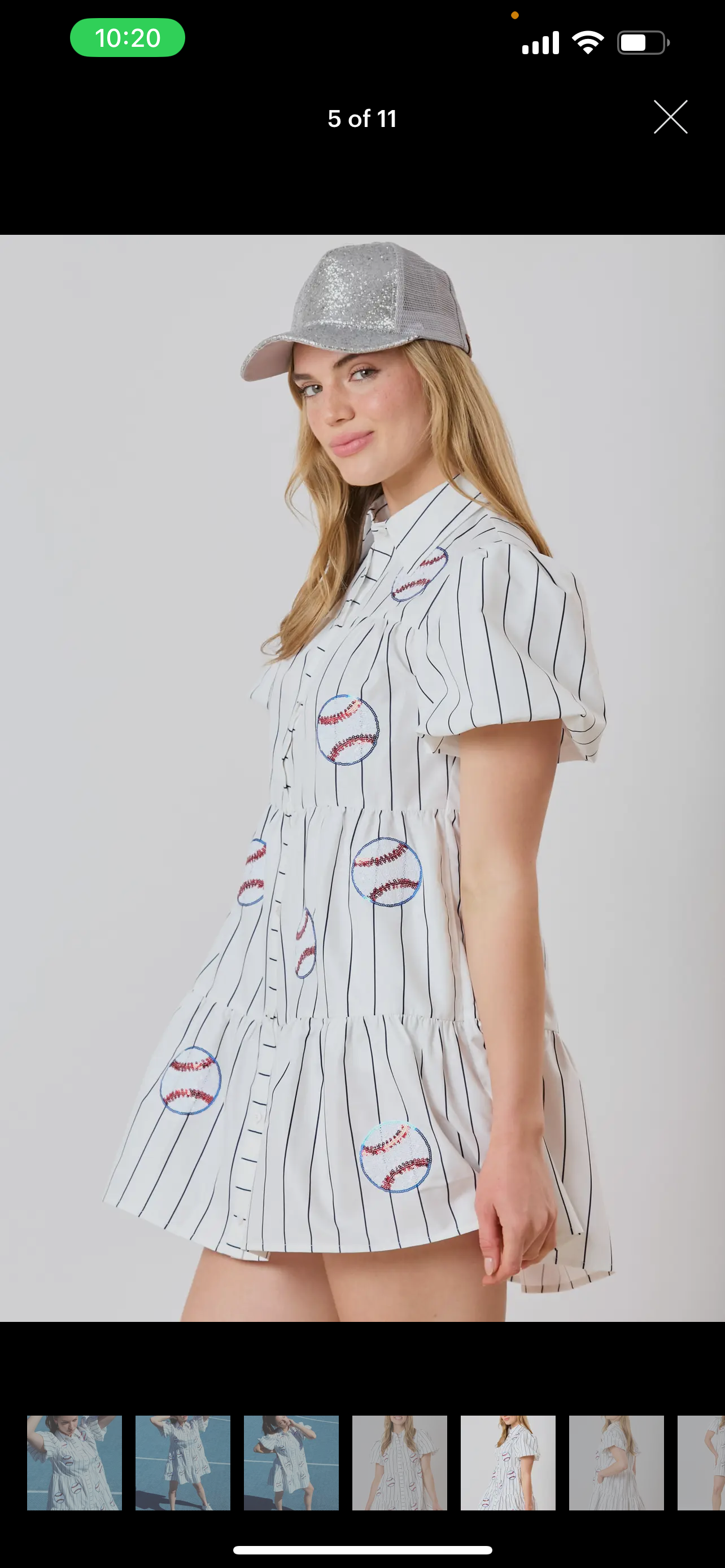 STRIPE PRINTED POPLIN SHIRT DRESS W/ PUFF SLV, BASEBALL SEQUIN: