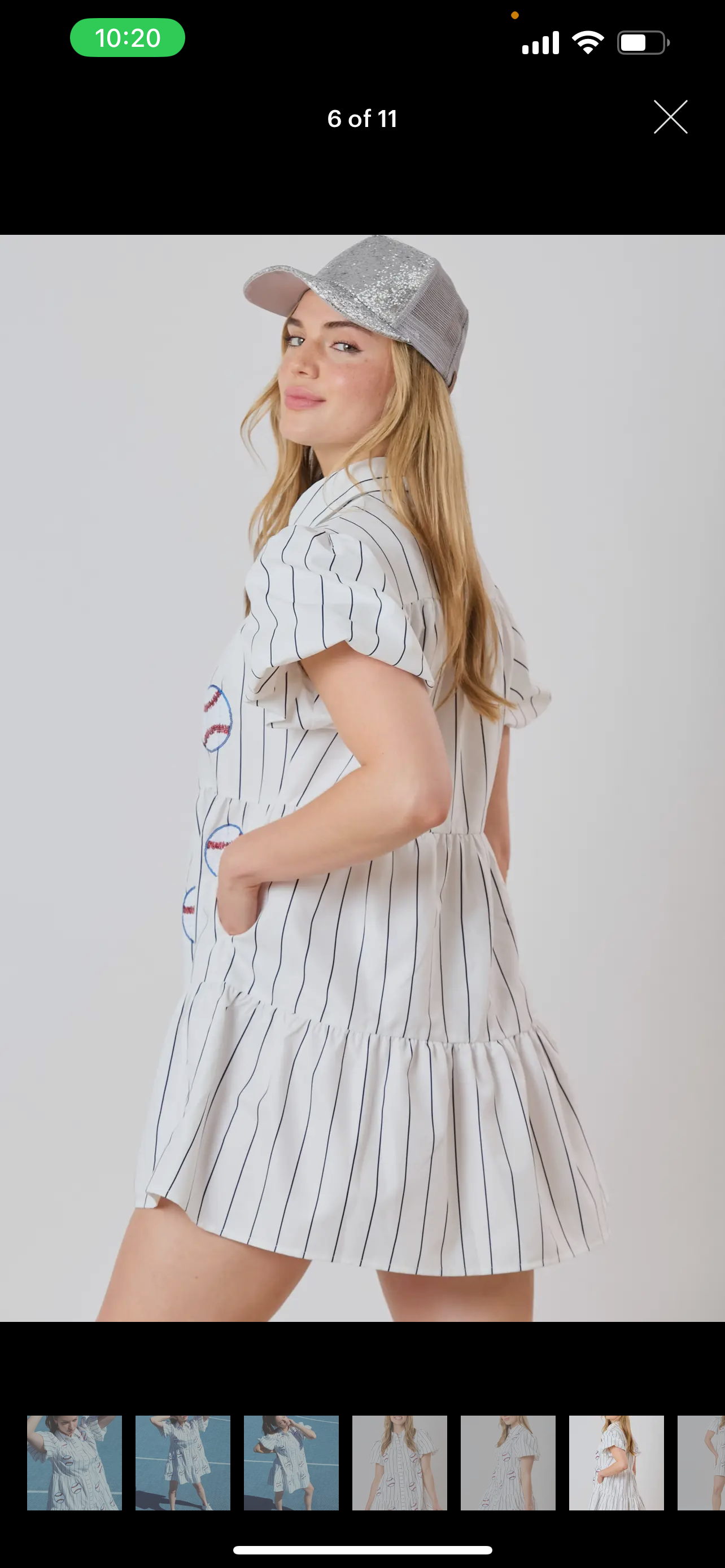 STRIPE PRINTED POPLIN SHIRT DRESS W/ PUFF SLV, BASEBALL SEQUIN: