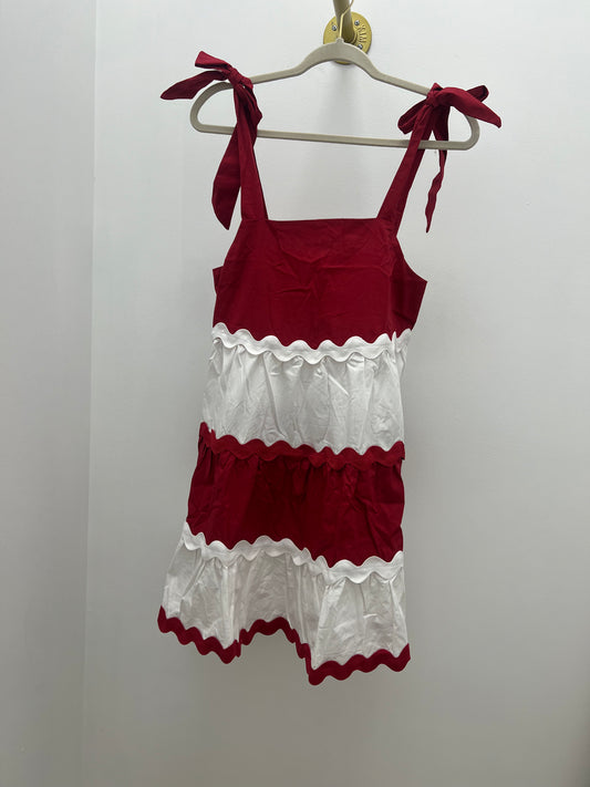 Crimson & White Shoulder Tie Mini Dress With Wavey Trim