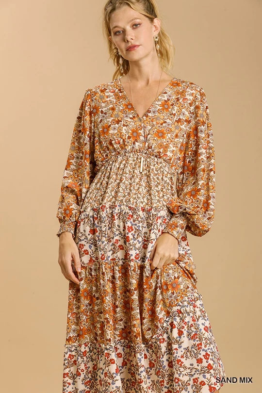 V-Neck Tiered Floral Print Midi Dress