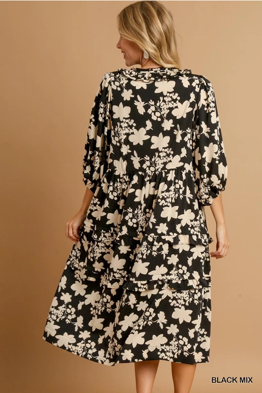 Two Tone Floral Printed Balloon Sleeve Midi Dress with Ruffle Detail