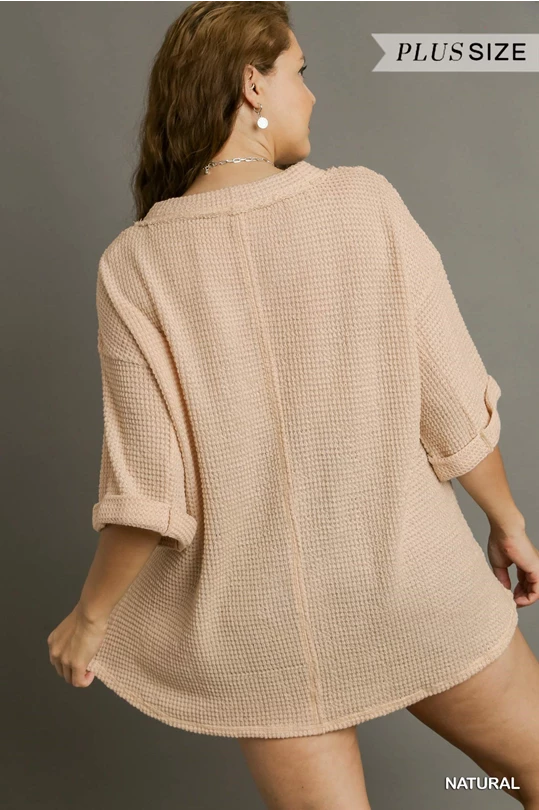 Waffle Knit Boxy Cut V-Neck Top with Fray Details, 3/4 Wide Folded Sleeve