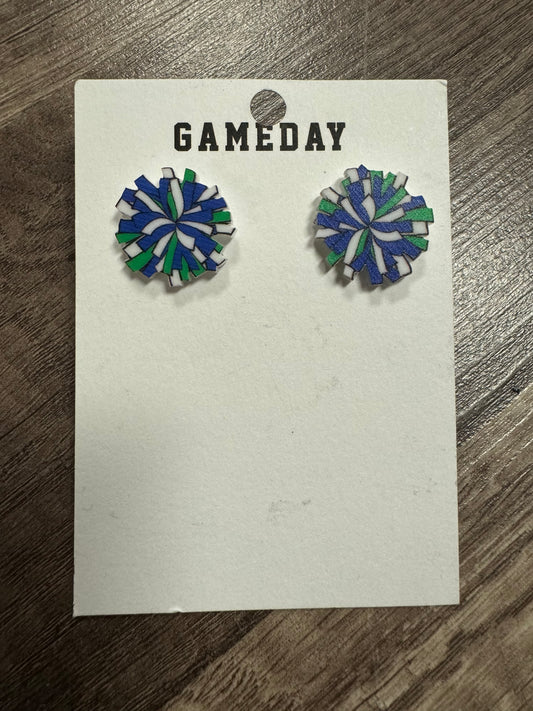 Blue & Green Pom Pom Studs