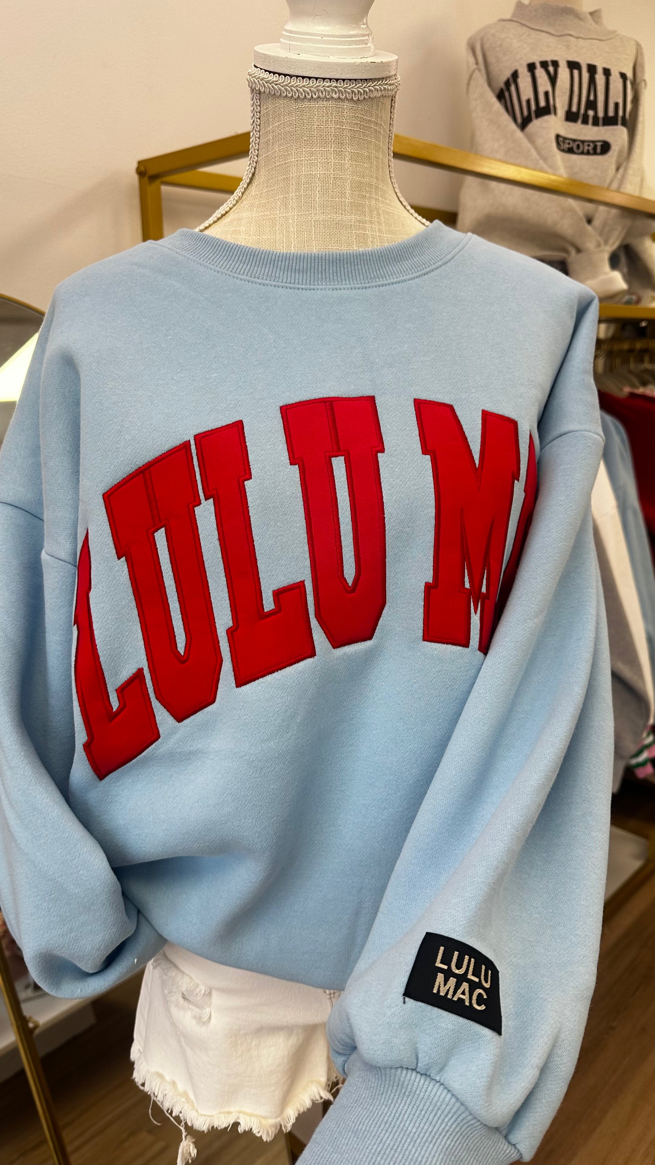 LULU MAC Light Blue & Red Stitched Embroidered Sweatshirt