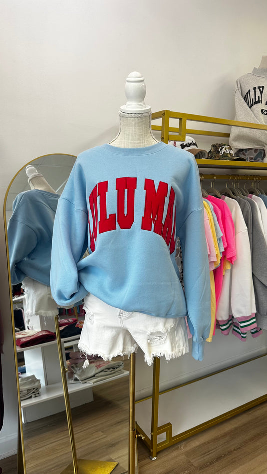 LULU MAC Light Blue & Red Stitched Embroidered Sweatshirt