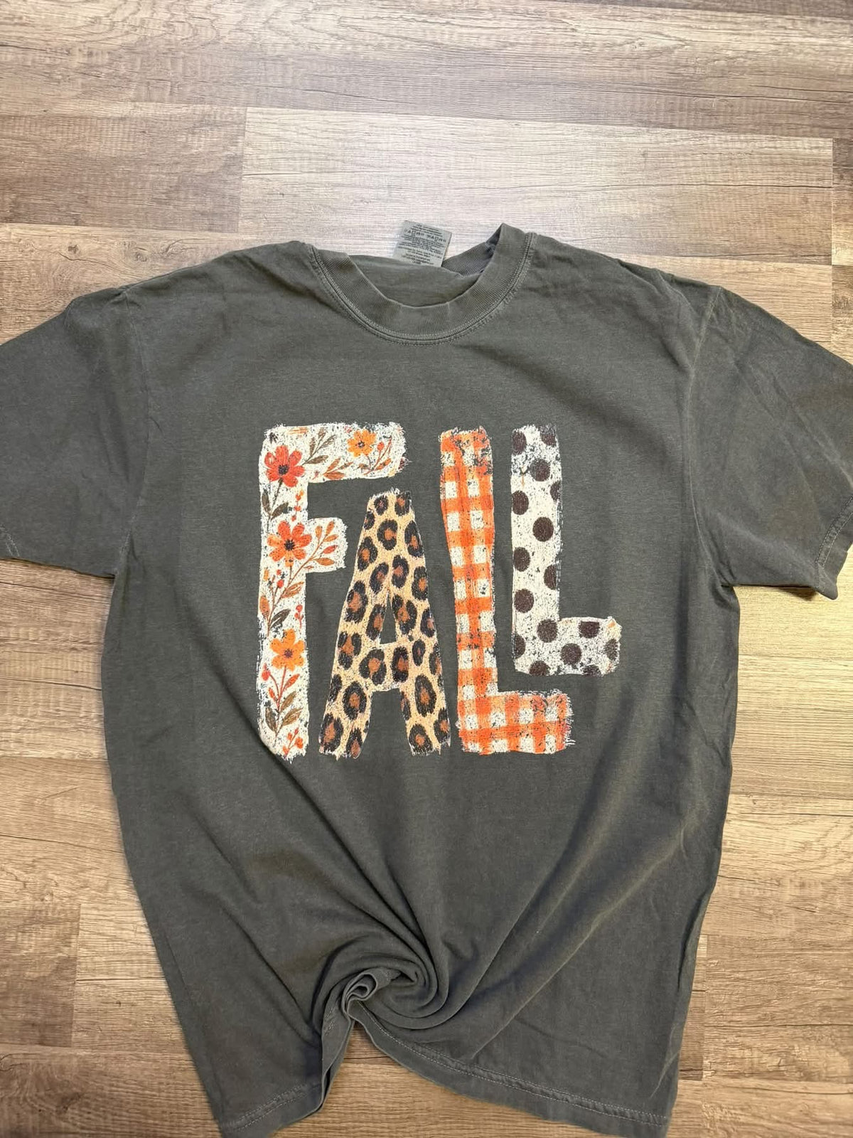“FALL” Patterened Floral, Leopard, Gingham on Pepper Tee FLASH SALE